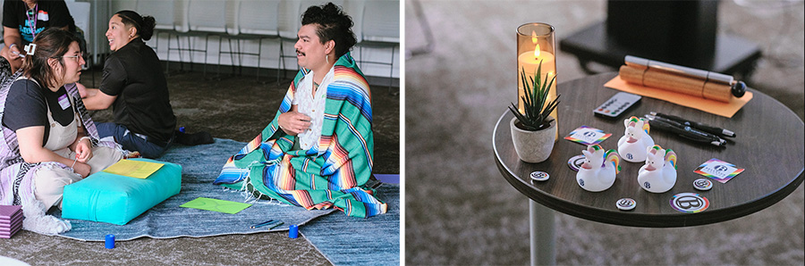 QTPOC photo banner featuring participants sitting on mats and a table with a lighted candle and items with Pride colors